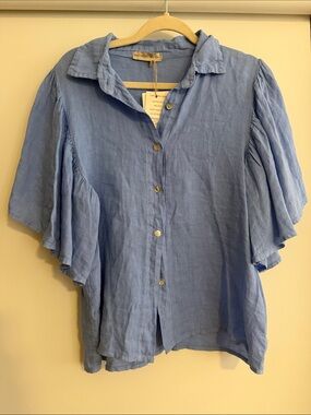 Light Blue 100% Linen Button-Front Flutter Sleeve Shirt